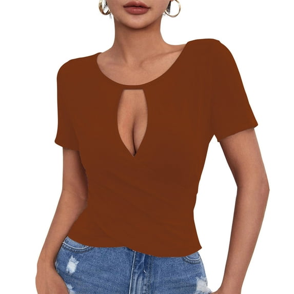 Sexlip Womens Swimsuit Set Keyhole Front Cover Up Design Crew Neck Short Sleeve Modest Silhouette Soft Fabric for Summer Water Activities Brown S