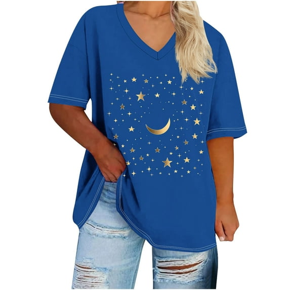 Sexlip Womens Swimsuit Set Moon Star Print Cover Up Design V Neck Short Sleeve Loose Silhouette Breathable Fabric for Casual Beach Days Blue XXXXXL
