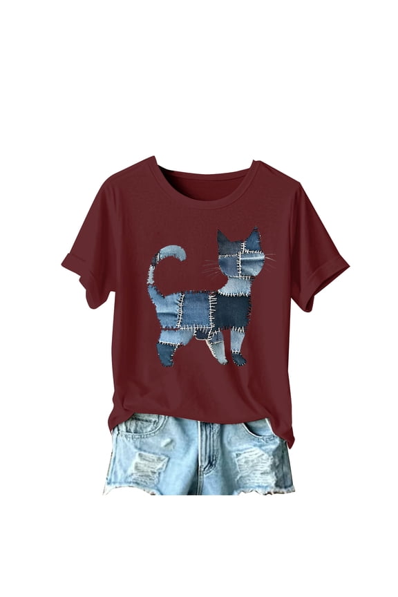 Womens Swimsuit Set Patchwork Cat Print Cover Up Design Crew Neck Short Sleeve Casual Silhouette Soft Fabric for Summer Water Activities Red M