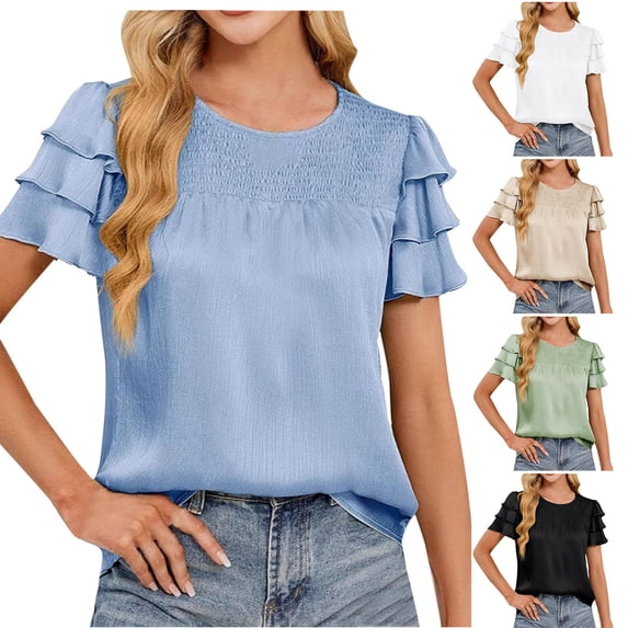 Sexlip Womens Swimsuit Set Ruffled Sleeve Cover Up Design Crew Neck Short Sleeve Casual Silhouette Sun Protection Fabric for Beach Wear Beige L