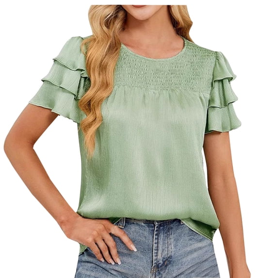 Sexlip Womens Swimsuit Set Ruffled Sleeve Cover Up Design Crew Neck Short Sleeve Casual Silhouette Sun Protection Fabric for Beach Wear Green L