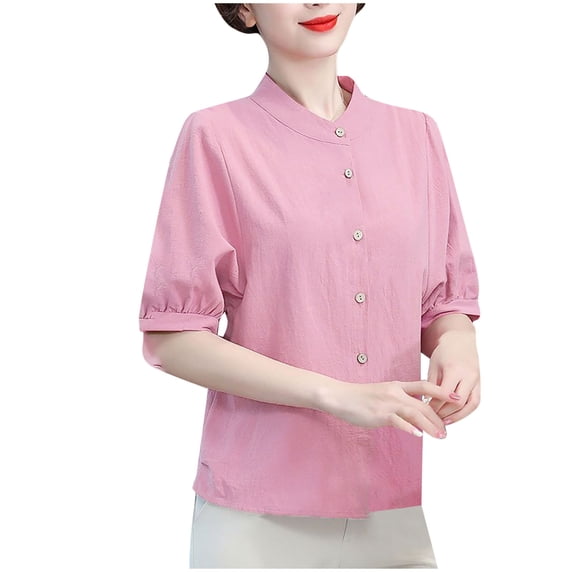 Sexlip Womens Swimsuit Set Stand Collar Ruffled Cuff Cover Up Design Half Button 3/4 Sleeve Relaxed Silhouette Soft Fabric for Summer Water Activities Pink M