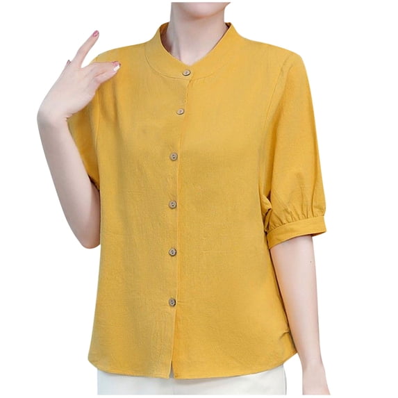 Sexlip Womens Swimsuit Set Stand Collar Ruffled Cuff Cover Up Design Half Button 3/4 Sleeve Relaxed Silhouette Soft Fabric for Summer Water Activities Yellow XXL