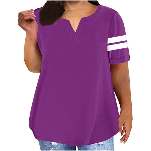 Sexlip Womens Swimsuit Set Stripe Sleeve Detail Cover Up Design Split Neck Half Sleeve Loose Silhouette Sun Protection Fabric for Beach Wear Purple S