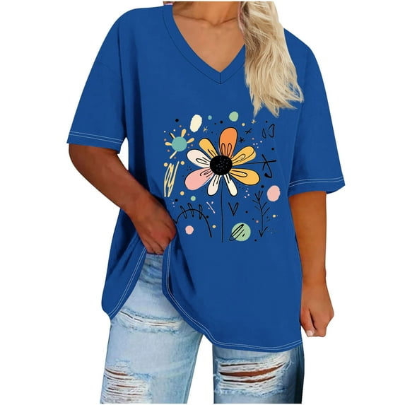 Sexlip Womens Swimsuit Set Sunflower Accent Print Cover Up Design V Neck Short Sleeve Flowy Silhouette Quick Dry Fabric for Beach Outings Blue XL