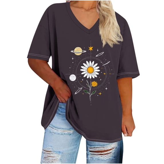 Sexlip Womens Swimsuit Set Sunflower Print Cover Up Design V Neck Short Sleeve Relaxed Silhouette Sun Protection Fabric for Beach Wear Brown S