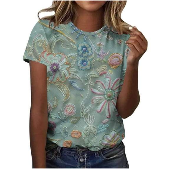 Sexlip Womens Swimsuit Set Tie Dye Floral Print Cover Up Design Crew Neck Short Sleeve Casual Silhouette Lightweight Fabric for Beach Vacations Green M