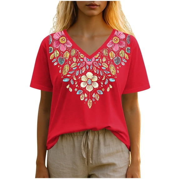 Sexlip Womens Swimsuit Set Vibrant Floral Embroidery Cover Up Design V Neck Short Sleeve Relaxed Silhouette Sun Protection Fabric for Beach Wear Red L