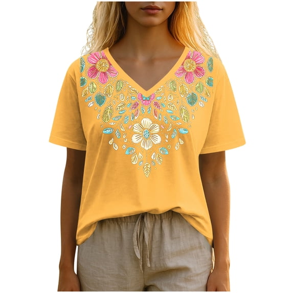Sexlip Womens Swimsuit Set Vibrant Floral Embroidery Cover Up Design V Neck Short Sleeve Relaxed Silhouette Sun Protection Fabric for Beach Wear Yellow XXL