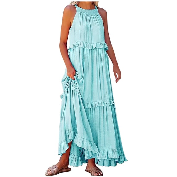 Sexlip Womens Tiered Maxi Dress Sleeveless Design Lightweight Fabric Relaxed Silhouette for Vacation Looks Blue L