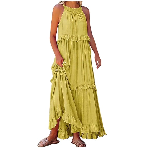 Sexlip Womens Tiered Maxi Dress Sleeveless Design Lightweight Fabric Relaxed Silhouette for Vacation Looks Yellow XXL