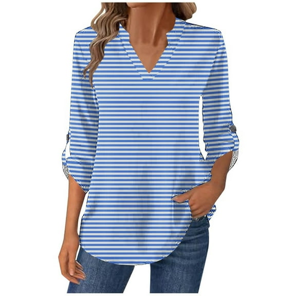 Sexlip Womens Tops Dressy Casual 3/4 Tiered Bell Sleeve Blouses Double Layered Chiffon Work Tunic Shirts Blue L