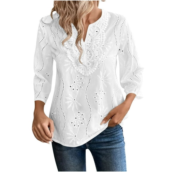 Sexlip Womens Tops V Neck Boho Long Sleeve Shirts Dot Chiffon Blouses Flowy Lace Crochet Clothing Casual Trendy Tunic White XXL