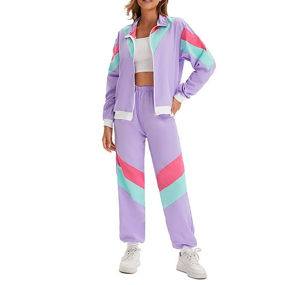 Sexlip Womens Tracksuit Set Long Sleeve Jacket Elastic Pants Lightweight Fabric Color Block Design for Casual Activities Purple M