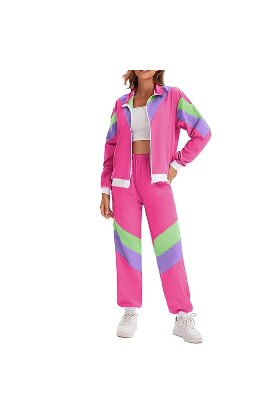 Womens Tracksuit Set Long Sleeve Jacket Elastic Pants Lightweight Fabric Color Block Design for Casual Activities Red XXL