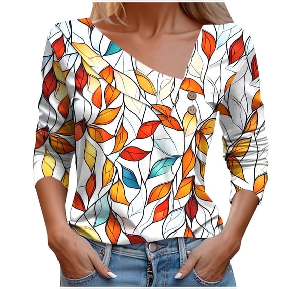 Sexlip Womens Tropical Print Blouse V Neck Design Soft Fabric Relaxed Silhouette for Vacation Looks Orange XXL