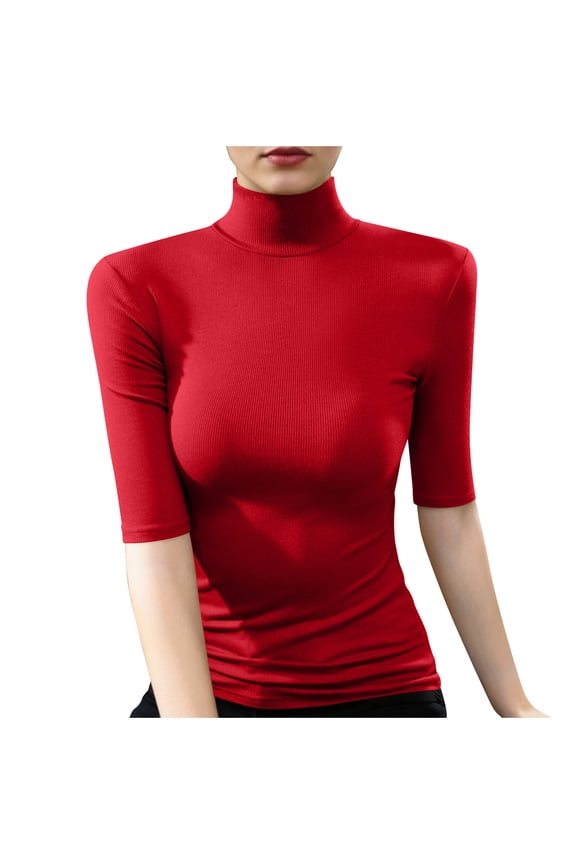 Womens Turtleneck Blouse 3/4 Sleeve Ribbed Design Soft Fabric Slim Silhouette for Daily Wear Red S