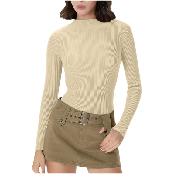 Sexlip Womens Turtleneck Blouse Long Sleeve Ribbed Design Soft Fabric Slim Silhouette for Daily Wear Beige XL