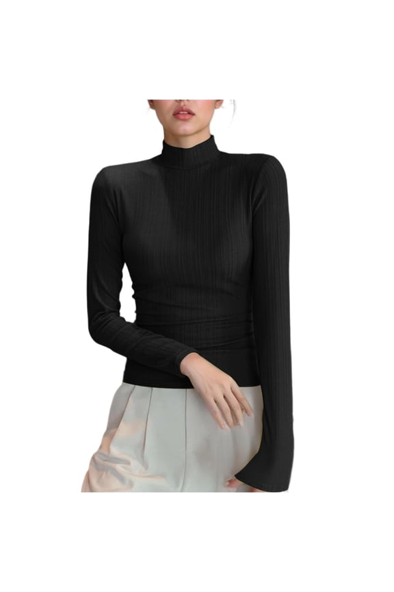 Womens Turtleneck Blouse Long Sleeve Ruched Detail Design Soft Fabric Slim Silhouette for Evening Occasions Black M