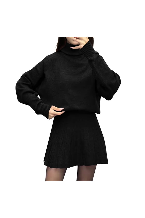 Womens Turtleneck Puff Sleeve Loose Knit Mini Dress Warm Stylish Casual Dating Brunch Dress Black XL
