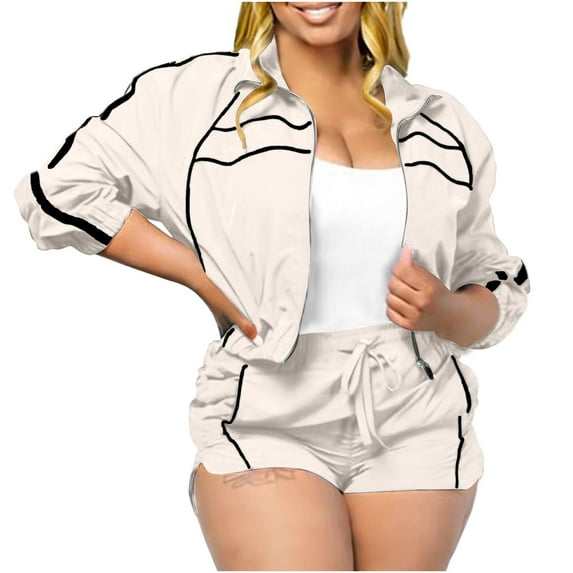 Sexlip Womens Two Piece Tracksuit Set Cropped Jacket High Waist Shorts Soft Fabric Relaxed Silhouette Zipper Design for Casual Outdoor Beige S
