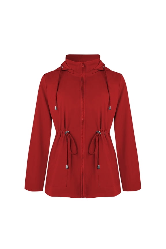 Womens Utility Anorak Jacket Lightweight Hooded Zip Up Safari Style Coat with Snap Buttons Chest and Hand Pockets Red S