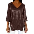 thumbnail image 1 of Sexlip Womens V Neck Blouse 3/4 Sleeve Sequin Design Shiny Fabric Flowy Silhouette for Evening Occasions Brown XXXL, 1 of 6