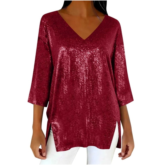 Sexlip Womens V Neck Blouse 3/4 Sleeve Sequin Design Shiny Fabric Flowy Silhouette for Evening Occasions Red M
