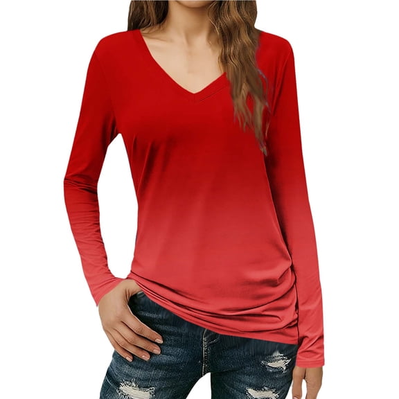 Sexlip Womens V Neck Blouse Long Sleeve Ombre Design Soft Fabric Slim Silhouette for Daily Lounge Red XXL