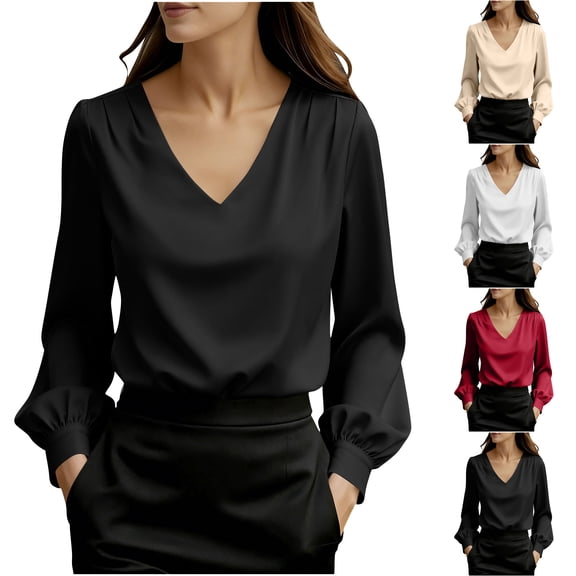 Sexlip Womens V Neck Blouse Long Sleeve Satin Fabric Flowy Silhouette for Evening Occasions Beige L