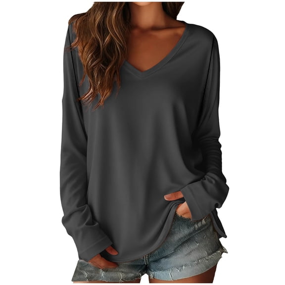 Sexlip Womens V Neck Blouse Long Sleeve Side Split Design Soft Fabric Relaxed Silhouette for Daily Lounge Gray XXL