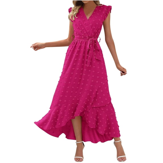 Sexlip Womens V Neck Cross Wrap Ruffle Hem Mini Dress Flowy Stylish Dating Brunch Party Dress Pink XXL