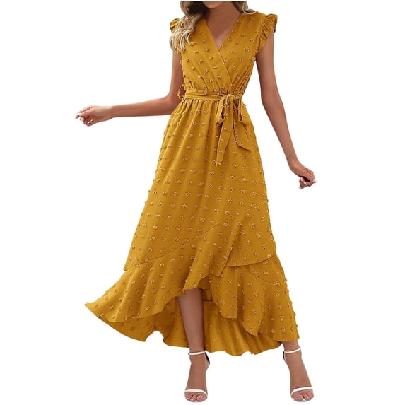 Sexlip Womens V Neck Cross Wrap Ruffle Hem Mini Dress Flowy Stylish Dating Brunch Party Dress Yellow L