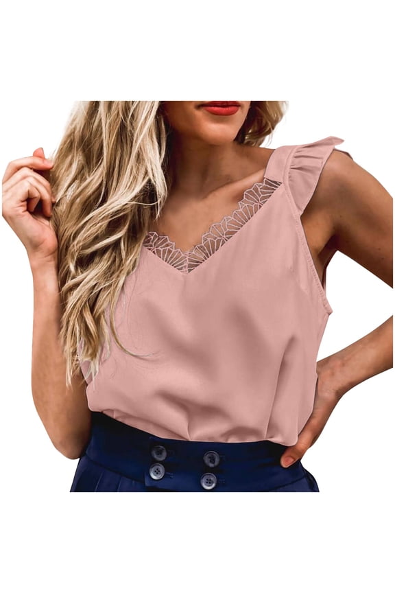 Womens V Neck Lace Trim Casual Tank Top Feminine Lightweight Party Outfit Pink L
