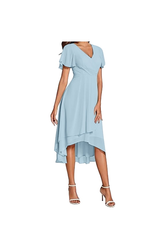 Womens V Neck Lace Trim Short Sleeve Asymmetrical Swing Midi Dress Flowy Romantic Wedding Guest Tea Party Dress Blue S