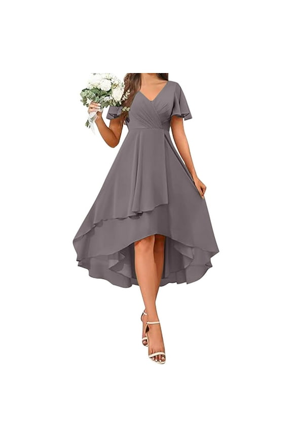 Womens V Neck Lace Trim Short Sleeve Asymmetrical Swing Midi Dress Flowy Romantic Wedding Guest Tea Party Dress Gray S