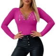 thumbnail image 1 of Sexlip Womens V Neck Long Sleeve Blouse Lace Up Front Design Stretchy Fabric Slim Silhouette for Evening Occasions Pink S, 1 of 6