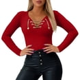 thumbnail image 1 of Sexlip Womens V Neck Long Sleeve Blouse Lace Up Front Design Stretchy Fabric Slim Silhouette for Evening Occasions Red L, 1 of 6