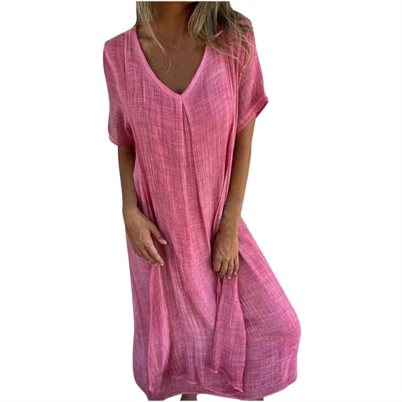 Sexlip Womens V Neck Pocket Loose Short Sleeve Midi Scrub Dress Soft Stretchy Medical Work Uniform Pink XS