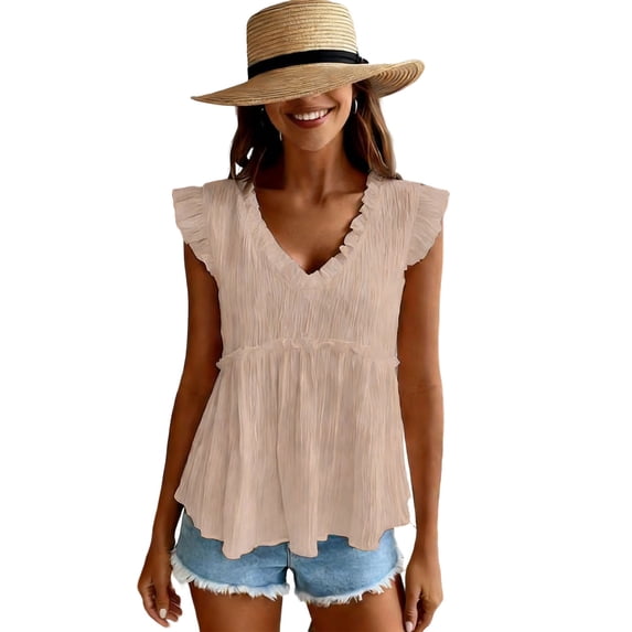 Sexlip Womens V Neck Sleeveless Loose Casual Sleeveless Top Soft Comfortable Vacation Outfit Beige S