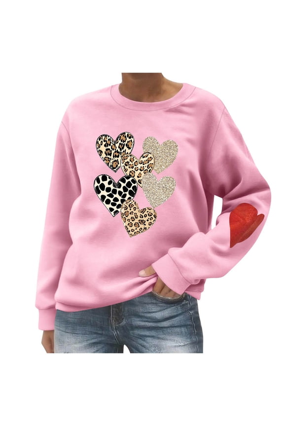 Womens Valentines Day Shirt Love Heart Graphic Crewneck Sweatshirt Long Sleeve Sweater Pullover Funny Gifts Clothes Pink M