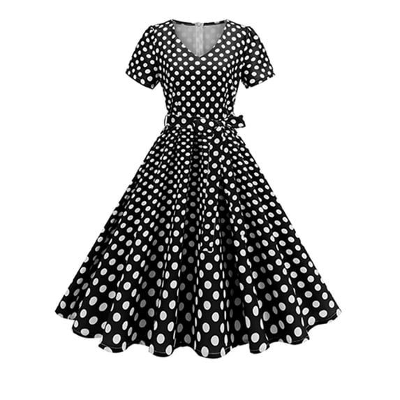 Sexlip Womens Vintage Dress Short Sleeve Polka Dot Design Soft Fabric Flared Silhouette for Party Occasions Black M