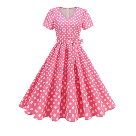 Sexlip Womens Vintage Dress Short Sleeve Polka Dot Design Soft Fabric Flared Silhouette for Party Occasions Pink M