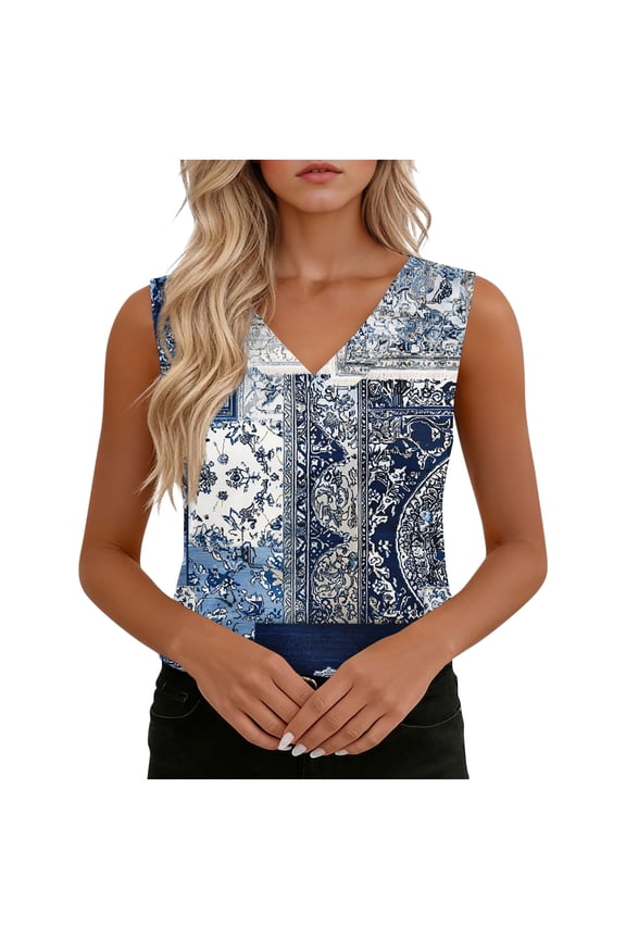 Womens Vintage Floral Print V Neck Sleeveless Slim Sleeveless Top Boho Stylish Vacation Outfit White XL