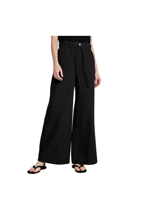 Womens Wide Leg Pants Summer tie waist wide leg lightweight fabric machine washable yoga workout for fitness training Black XL