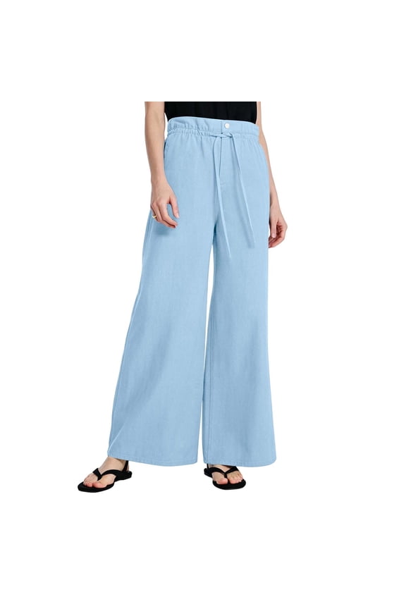 Womens Wide Leg Pants Summer tie waist wide leg lightweight fabric machine washable yoga workout for fitness training Blue XXL