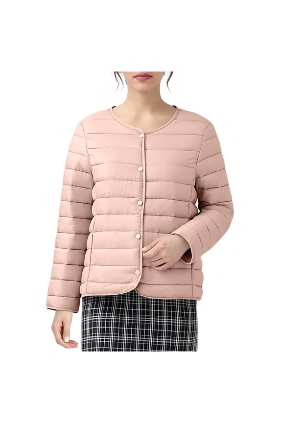 Womens Winter Coats Quilted Crew-Neck Puffer Jakcet Lightweight Warm Down Coat Trendy Plus Size Padded Outerwear Pink XXXXL