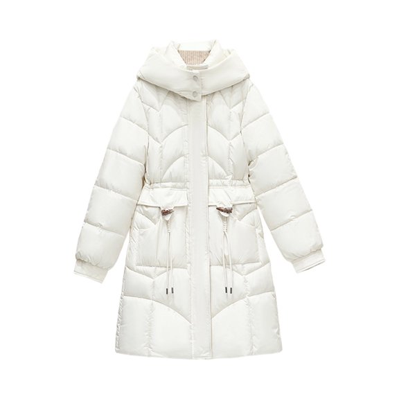 Sexlip Womens Winter Warm Coats with Belt Mid Length Zip Up Lapel Collar Puffer Jackets Thicken Quilted Outerwear with Pocket White L
