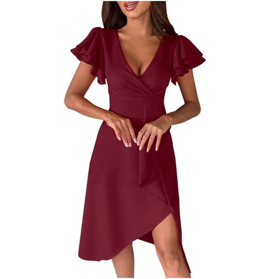 Sexlip Womens Wrap Front Mini Dress V Neck Design Stretchy Fabric Relaxed Silhouette for Casual Hangouts Red M