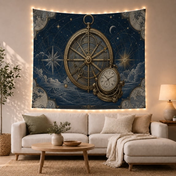 Sextant Compass with Map Instrument Resembling, Adventurous Vintage for Nautical Decor Lovers, Wall Decor, Valentine'S Day Gift, Tapestry Wall Hanging for Dorm and Living Room
